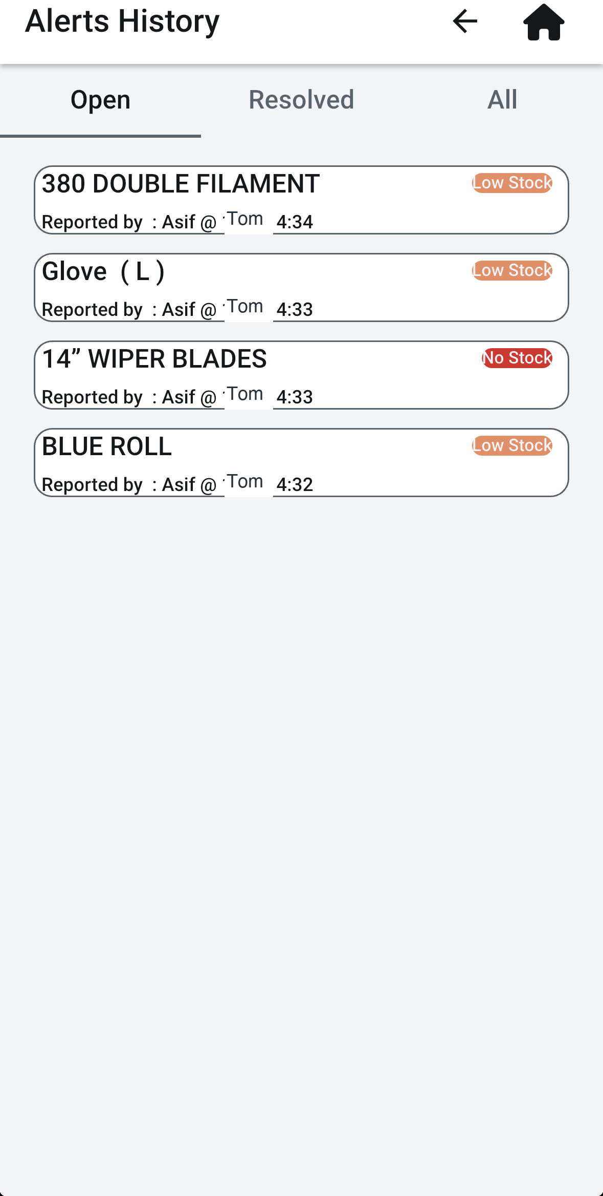 StockTrack Alerts History page with Open, Resolved, and All tabs showing reported items with reporter names and timestamps