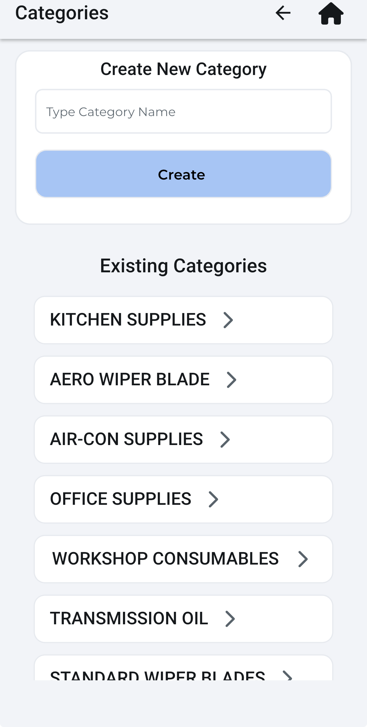 StockTrack Categories page showing existing categories: Kitchen Supplies, Aero Wiper Blade, Air-Con Supplies, Office Supplies, Workshop Consumables, Transmission Oil, Standard Wiper Blades