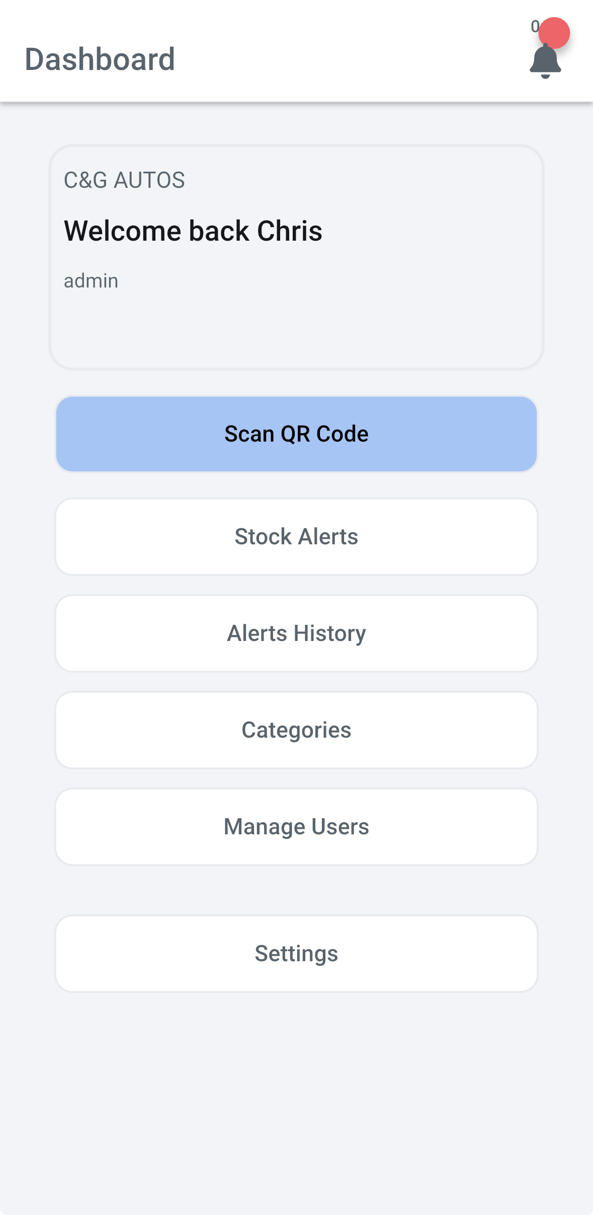 StockTrack dashboard for C&G Autos showing Scan QR Code, Stock Alerts, Alerts History, Categories, Manage Users and Settings buttons