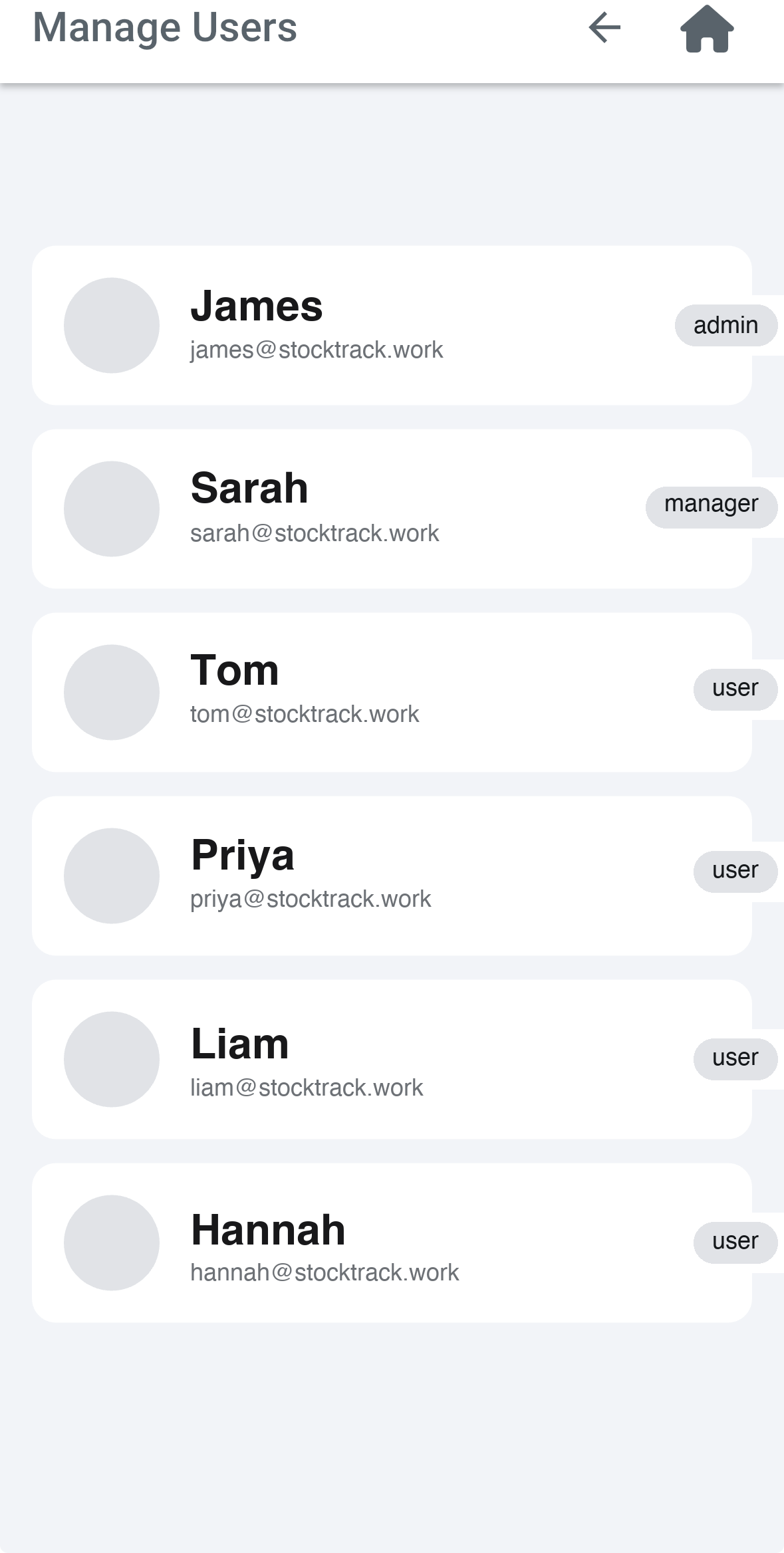 StockTrack Manage Users page listing team members with admin and user role badges