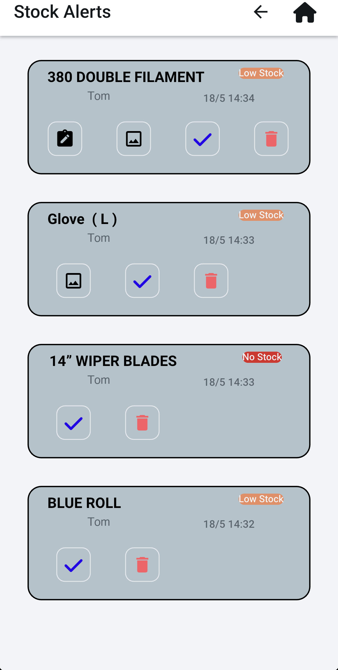 StockTrack Stock Alerts page showing four open alerts with low and out-of-stock badges and per-item action buttons